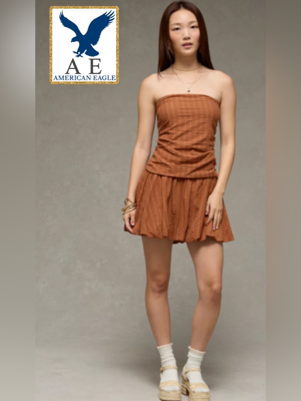 American Eagle Strapless Drop Waist Mini Bubble Dress Brown XS open back